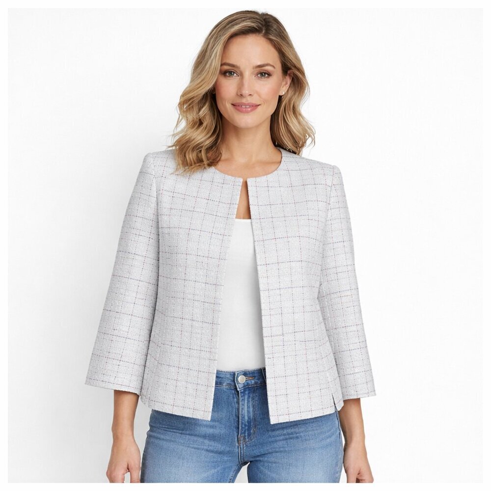 Kasper Blazer Size PM White Windowpane Open Front Silver Metallic 3/4 Sleeve